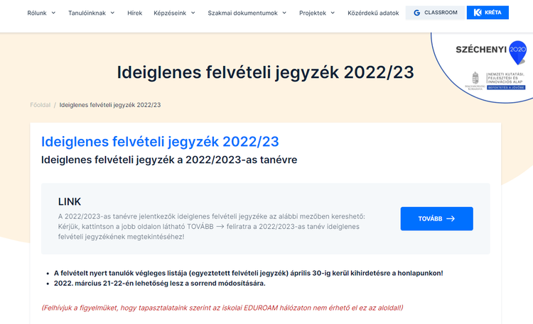 Ideiglenes felvételi jegyzék 2022/23